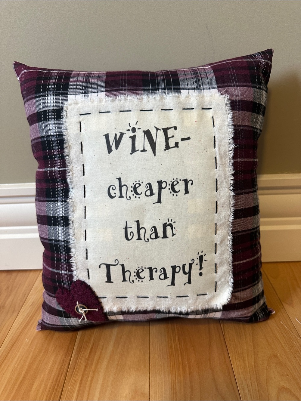 Wine - Cheaper Than Therapy! Plaid Decorative Pillow (Purple)